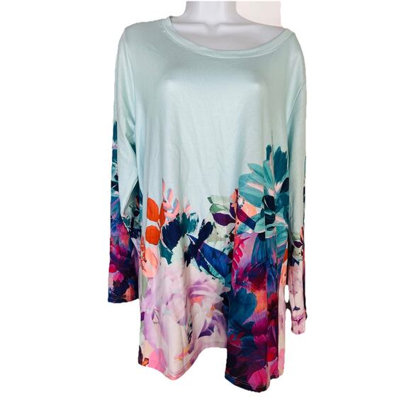 Soft Surroundings Floral Tunic Top Pasaia Aqua Stretch Long Sleeve Women’s Sz 1X - Picture 6 of 11